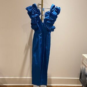 Vintage Ruffled Sleeve V-Neck Junpsuit in Royal Blue